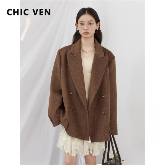 CHIC VEN レディース ウールブレザー ゆったり ヴィンテージ Vネック 女性用 ジャケットスーツ ダブルブレスト オフィス レディースコート 春秋 2025