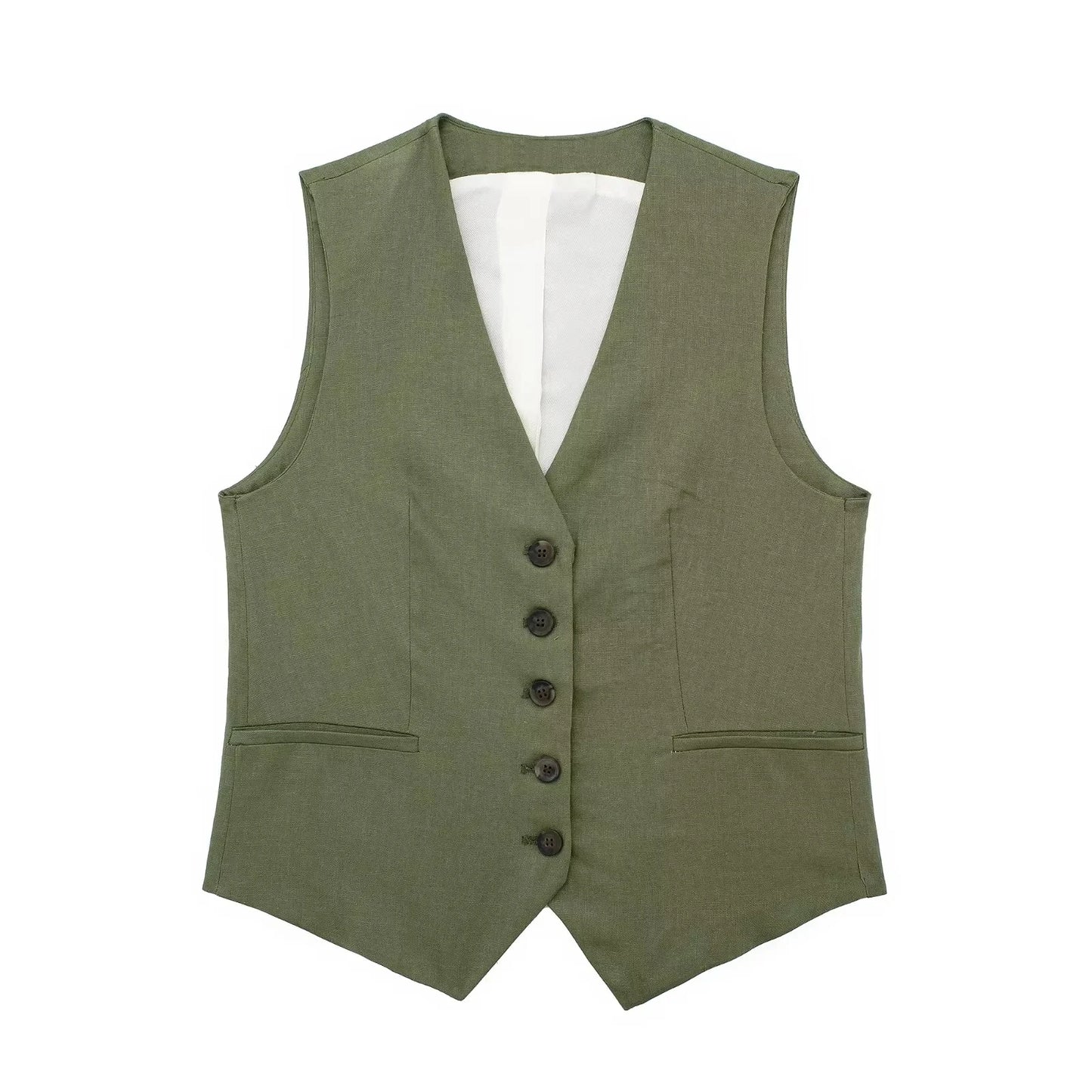 TRAFZA Women's Fashion Solid Linen Waistcoat Top V Neck Button Loose Casual Vest Summer Woman Streetwear Chic Vests Waistcoat