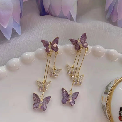 925 Silver Needle Purple Butterfly Long Tassel Earrings For Women Jewelry 2025 Trending Korean Fashion Luxury Crystal Earrings