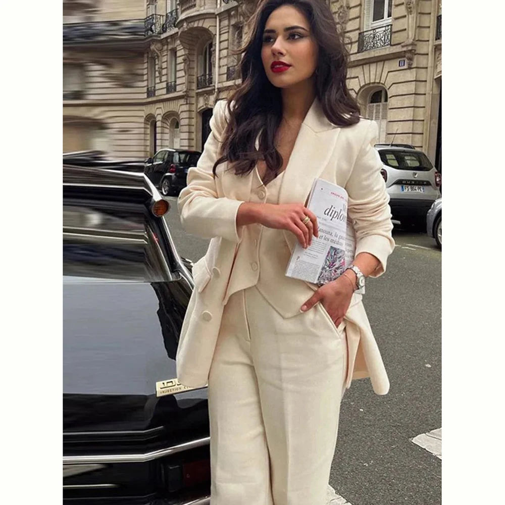Fashion Chic Beige Women Suit 3 Piece Jacket Pants Vest Single Breasted Notch Lapel Blazer Set Office Lady Female Clothing