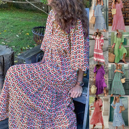 Women's Summer Casual Fashion Geometric Print Neckline Lace-up Bubble Middle-sleeves Ruffle Stitching Big Swing Long Losse Dress