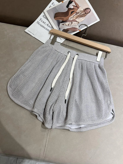 Summer casual linen knitted set with long sleeved cardigan and shorts