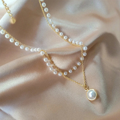 Pearl Dainty Adjustable Double Layer Chain Pendant Necklaces Gold Plated Pearl Tiny Chain Delicate Mother's Valentine Jewelry