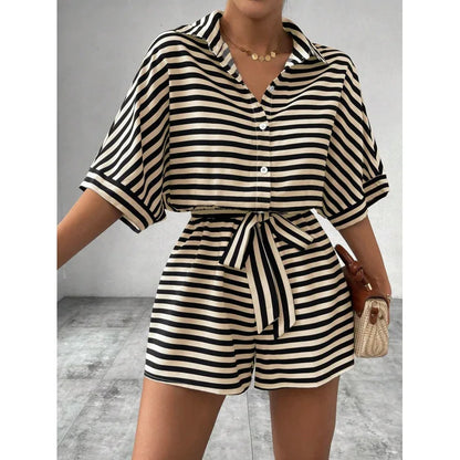 Summer New Set For Women's Casual Loose Comfortable Outfit Fashion Striped Batwing Sleeve Shirt Top+ Shorts 2-piece Sets Woman