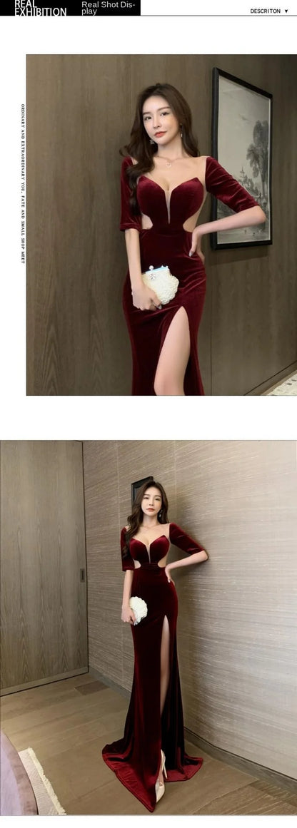Velvet Sheer Deep V Neck Evening Gown Backless Floor Length Dress With Thigh High Slit Elegant Prom Gown Women Carpet Events