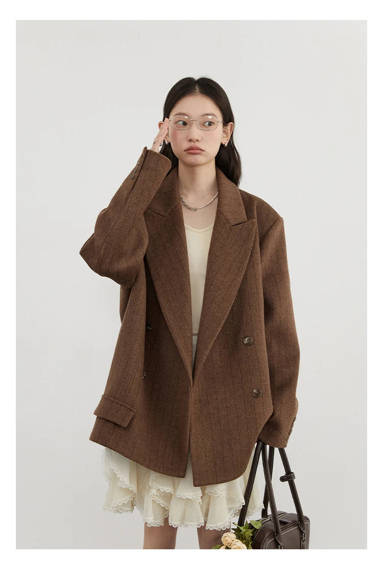 CHIC VEN Women Woolen Blazer Loose Vintage V Neck Female Jacket Suit Double Breasted Office Ladies Coat Spring Autumn 2025