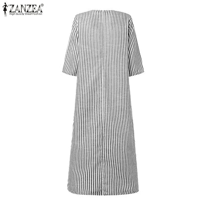 2025 Autumn Striped Dresses ZANZEA Fashion Women V Neck Long Sleeve Work Dress Elegant Office OL Sundress Maxi Long Vestido Robe