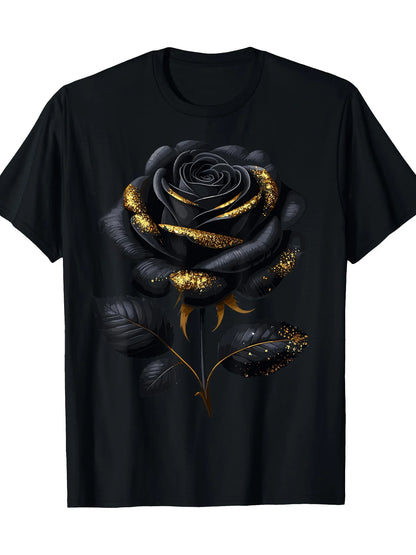 Black rose pattern gold sequin T-shirt, cotton casual round neck short sleeve T-shirt, daily wear, machine washable