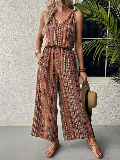 Women's Striped Print Jumpsuit - Sleeveless Romper with Elastic Waist, Summer Casual Wide Leg Pantsuit