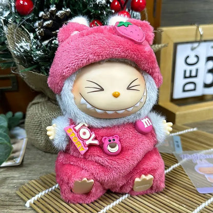 17cm Strawberry Bear Labubu sit Sit party clothes Labubu Heartbeat Macaron pendant clothes replacement Collectible Art