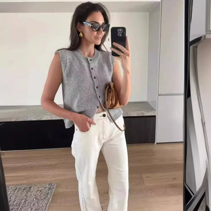 2025 Autumn Fashion Knitted Vests Top For Women Casual Single-Breasted Knitwear Cardigan Tanks Female Solid Sleeveless Sweaters