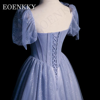 Princess Luxury Crystal Prom Dress Blue Glitter Puff Sleeves A Line Banquet Party Dresses Women vestidos para eventos especiales