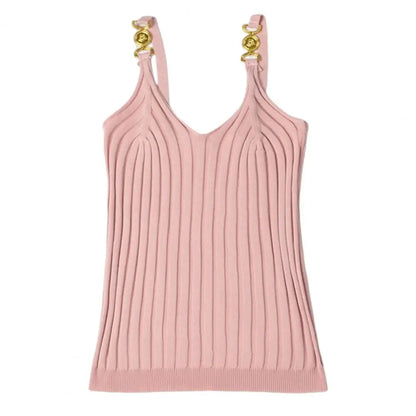 Women's Vest Solid Color Metal V Neck Backless Sleeveless Daily Wear Slim Striped Women's Summer Vest Women's Camisole Tops