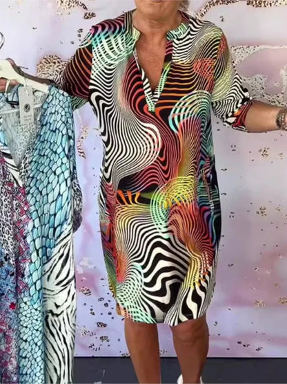 Elegant Printed V-neck Mid-sleeve Dress For Women New Summer Fahsion Casual Loose Office Holiday Party Dresses Women Clothe