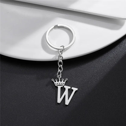 Fashion Crown A-Z Letters Pendant Keychains for Lovers Silver Color 26 Alphabet Keyring Women Car Key Ring Unique Name Jewelry
