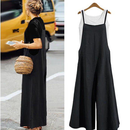 Women Straps Jumpsuit Summer Solid Color Wide Leg Pants Dungaree Bib Overalls Casual Loose Sleeveless Cotton Linen Jumpsuits 5Xl