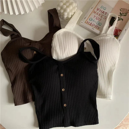 Women's Cropped Tops with Bra Pads Summer Corset Korean Suspenders Vest Sexy Camisole Slim