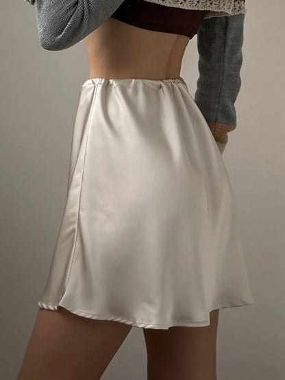 Satin Mini Skirts Women Summer Beige Silk Short Skirt For Woman Drawstring High Waist Black Satin Skirt A Line Women Short 2025
