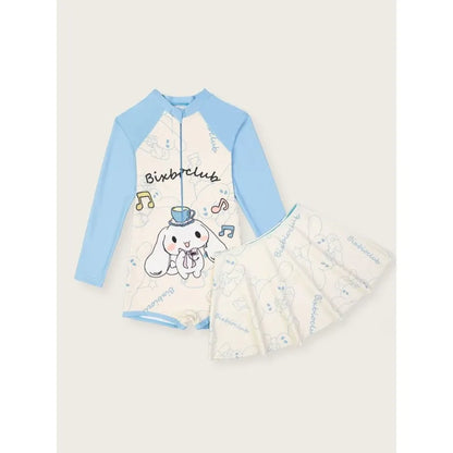 Kawaii cinnamoroll Girl Swimsuit Sanrio Anime 2024 new Summer Children Long Sleeve Bathing Suit Fashion One Piece Swimwear gifts