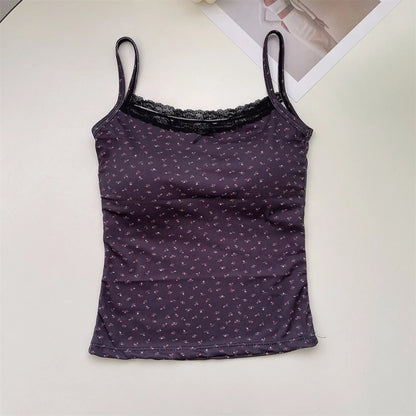 Summer Print Crop Tops for Women Bow Lace Camisole Sexy Backless Vest with Padded Basic Tank Top Bm Style Camis Y2k Streetwear