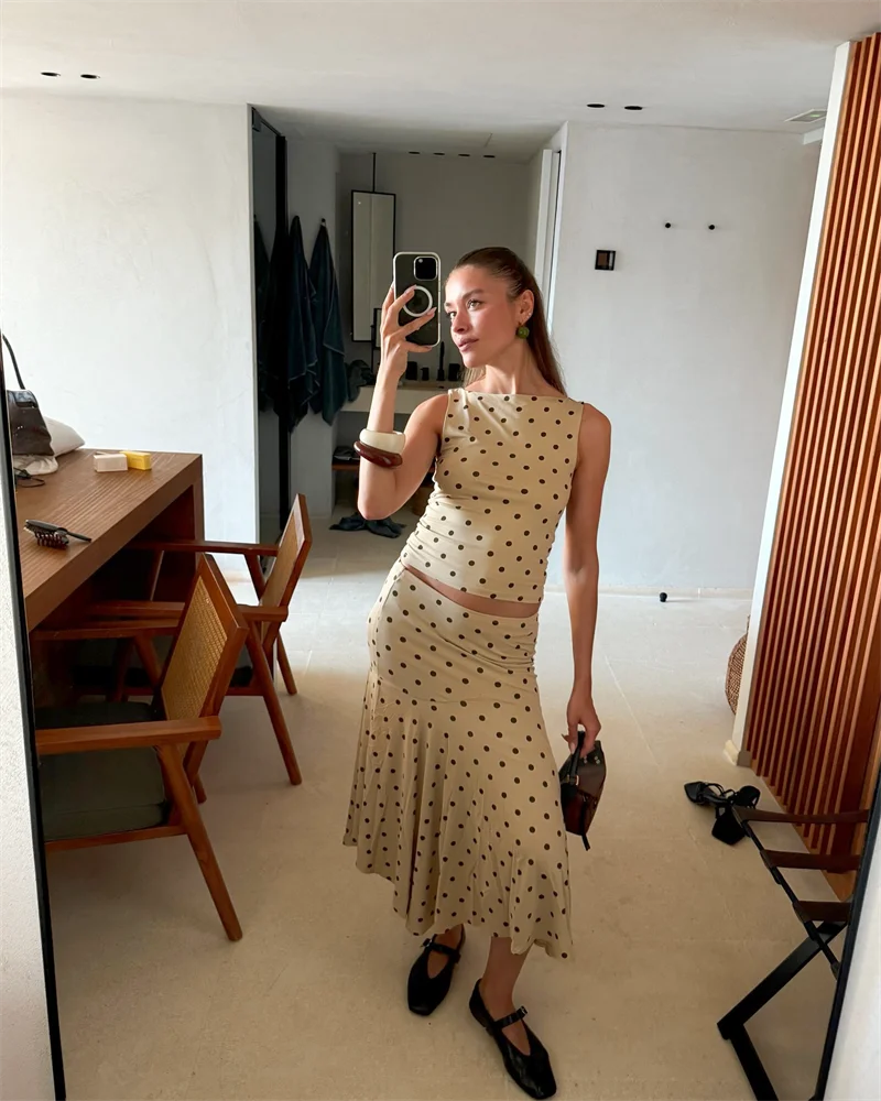 Absobe Polka Dot Y2K Skirt 2 Piece Set Women's Sleeveless Tank Top Fashion Irregular A-Line Skirt Slim Suit Summer Casual Outfit