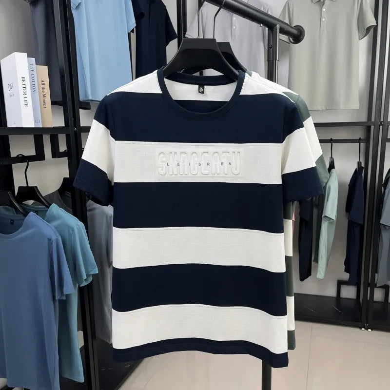 Top Grade Yarn Dyed Striped New Summer Tops Designer Round Neck Tshirt Men 2025 Brand Short Sleeve Casual Fashion Men Clothing