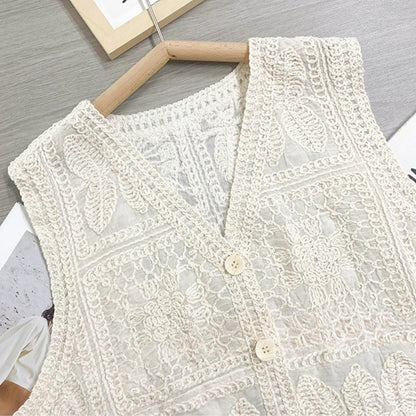 Vintage Cotton Sleeveless Crochet Vests Jackets For Women Tank Tops Summer Loose Boho Beach Cover Up Casual Women's Blusas
