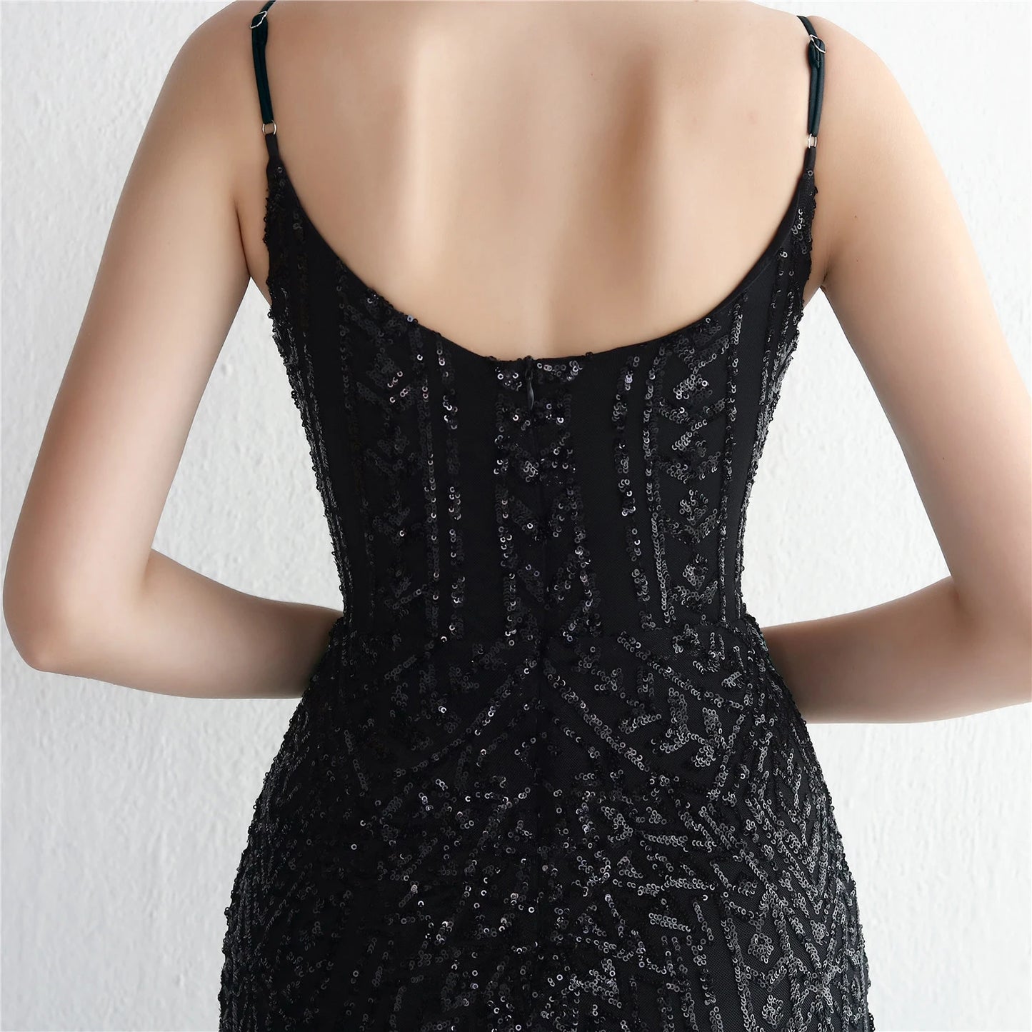 Women's Black Long Sleeve Padded Strap Sequin Dress Length, Sparkles Stretch, V Neck Mermaid, Formal Evening Dress, Night Party