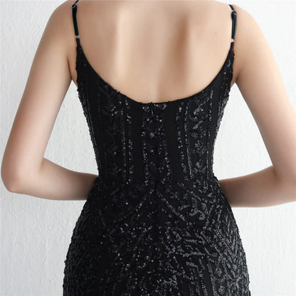 Women's Black Long Sleeve Padded Strap Sequin Dress Length, Sparkles Stretch, V Neck Mermaid, Formal Evening Dress, Night Party