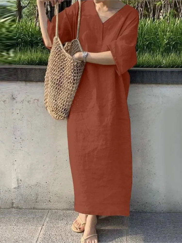 Women V Neck Button Short Sleeve Loose Maxi Dresses Summer Casual Female Holiday Beachwear Solid Color Cotton Linen Party Dress