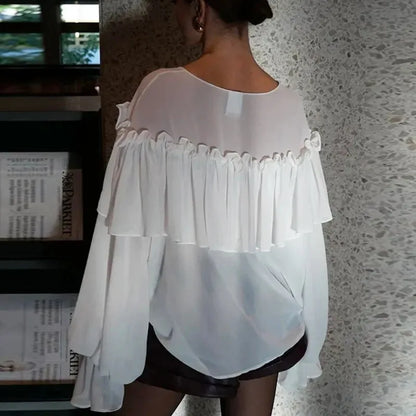 Talenza White Chiffon Shirt Women's Summer V-Neck Sexy See Through Shirt Beach Blouse Fashion Ruffle Patchwork Female Blouse Top