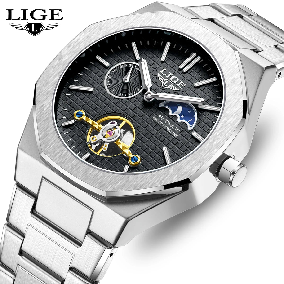2025 LIGE New Luxury Tourbillon Mechanical Watches For Men Multifunctional Chronograph Moon phase Automatic Date Week Wristwatch