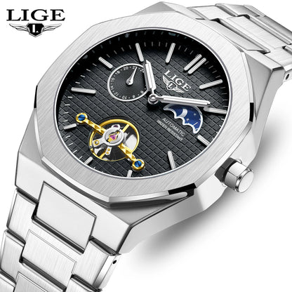 2025 LIGE New Luxury Tourbillon Mechanical Watches For Men Multifunctional Chronograph Moon phase Automatic Date Week Wristwatch