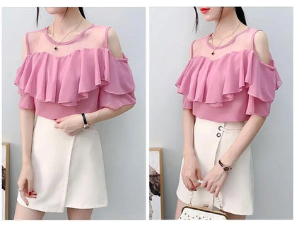 Off Shoulder Sexy Chiffon Blouses Women 2025 Summer Korean Fashion Clothes Ruffles Slim Sweet Ladies Casual Lace Tops Shirts Y2k