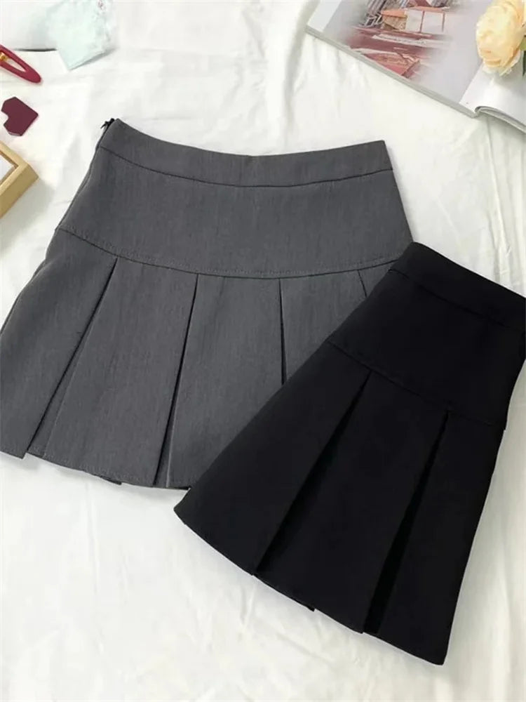 ヴィンテージグレー プリーツスカート レディース かわいい ハイウエスト ミニスカート 韓国ファッション 学生服 原宿ストリート 春コーデ