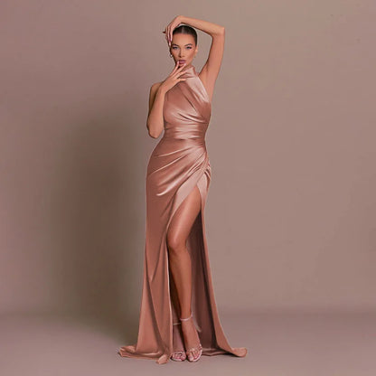 Ladies Summer Satin Evening Birthday Party Dresses Women Sleeveless Backless Halter Side Slit Elegant Long Dress Mowan Clothes