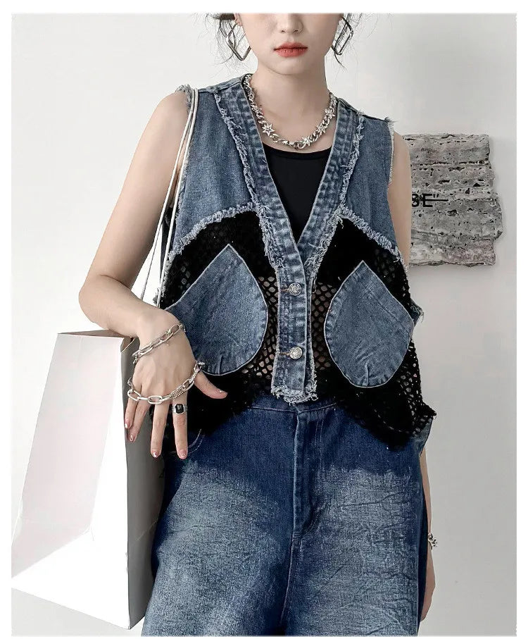 Grid Stitching V-Neck Denim Vest Women's Summer Fried Street Fashion Brand Loose Burrs Short Sleeveless Vests Jackets Female