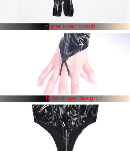 Shiny Faux PU Leather Zipper Open Crotch Bodysuit Wet Look PVC Catsuit Tight Sexy Body Teddies High Cut Swimsuit Leotard Unitard