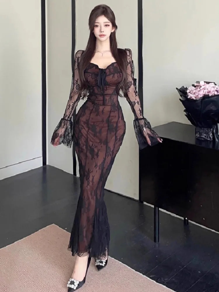 Ezgaga Party Dresses Women Vintage Sexy Lace Patchwork Flare Long Sleeve Bandage Backless Slim Elegant Mermaid Dress Female