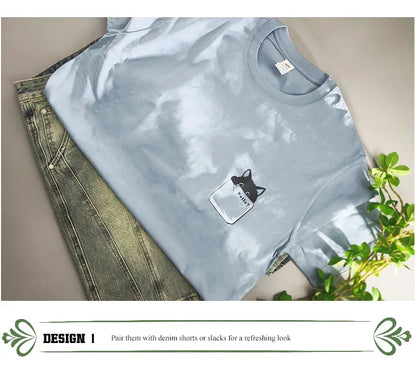 2024 Summer New Pure Cotton Cat Printed Men T-shirts Short Sleeve Casual Solid Color Simple Thin Men Tops BOK0121