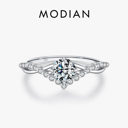 MODIAN クラウン D カラー モアサナイト リング 繊細なラボダイヤモンド リング 925 スターリングシルバー レディース ウェディング エンゲージメント ジュエリー