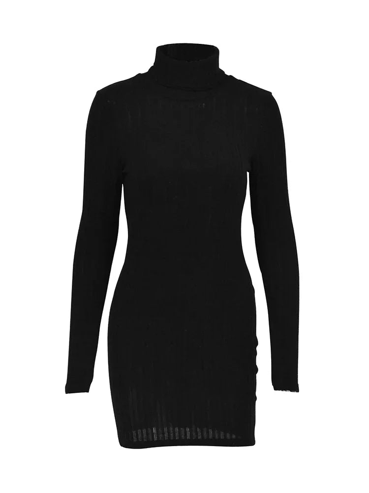 DemoRave Y2k ブラック セクシー パーティー ミニドレス レディース オルタナティブ タートルネック 長袖 ドレス 2024 カジュアル クラブ エレガント ボディコン 無地ドレス