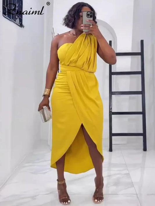 Znaiml Elegant Yellow Wedding Party Dresses Women One Shoulder Sleeveless Ruched Split Bodycon Evening Prom Birthday Gown Robe