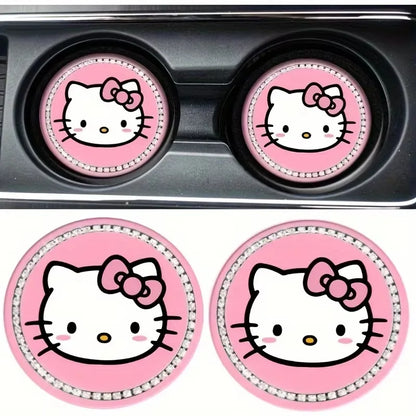 2pcs Kawaii Sanrio Hello Kitty Car Coaster,Cute Cartoon Non-slip Heat Insulation Coasters, Cup Pads Mat, Cup Holder Decoration