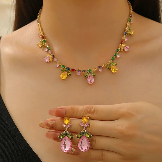 Colorful Zircon Flower Water Drop Charm Necklace Jewelry Sets for Women Elegant Luxury Earrings High-End Bestie Gift Accessories