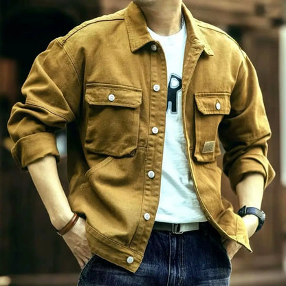 American Retro Denim Jacket Men's Autumn and Winter Trendy Brand Heavyweight Washed Lapel Jacket Trendy and Cool French Workwear