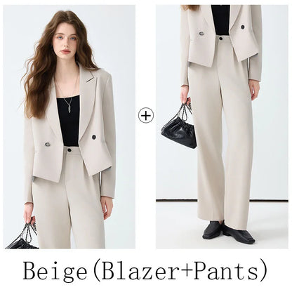 Solid Suits for Women 2025 Spring Fashion Office Ladies Long Sleeve Double Breasted Short Tops Chic Cargo Pant Suits