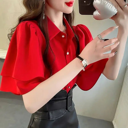 French Lady's Summer Loose Shirt Women's New Loose Blouse Solid Color Ruffle Short Sleeve Chiffon Top