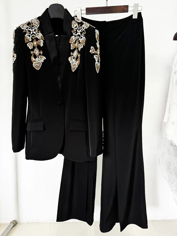 HIGH STREET Newest 2024 Designer Suit Women Beaded Diamonds Stand Collar Single Button Blazer Wide-leg Pants Set 2PCS