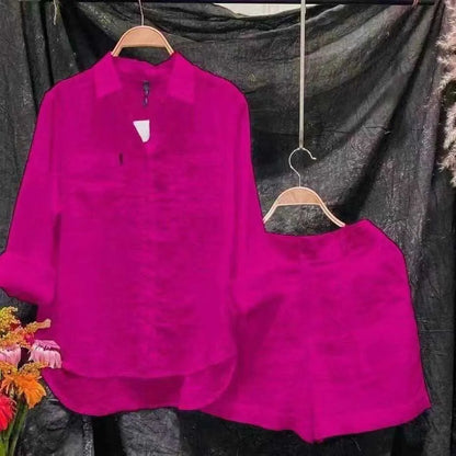 Fashion White Long Sleeve Shirt And Shorts Two Piece Sets Women 2025 Summer Cotton Linen Casual Home 2 Piece Set For Women
